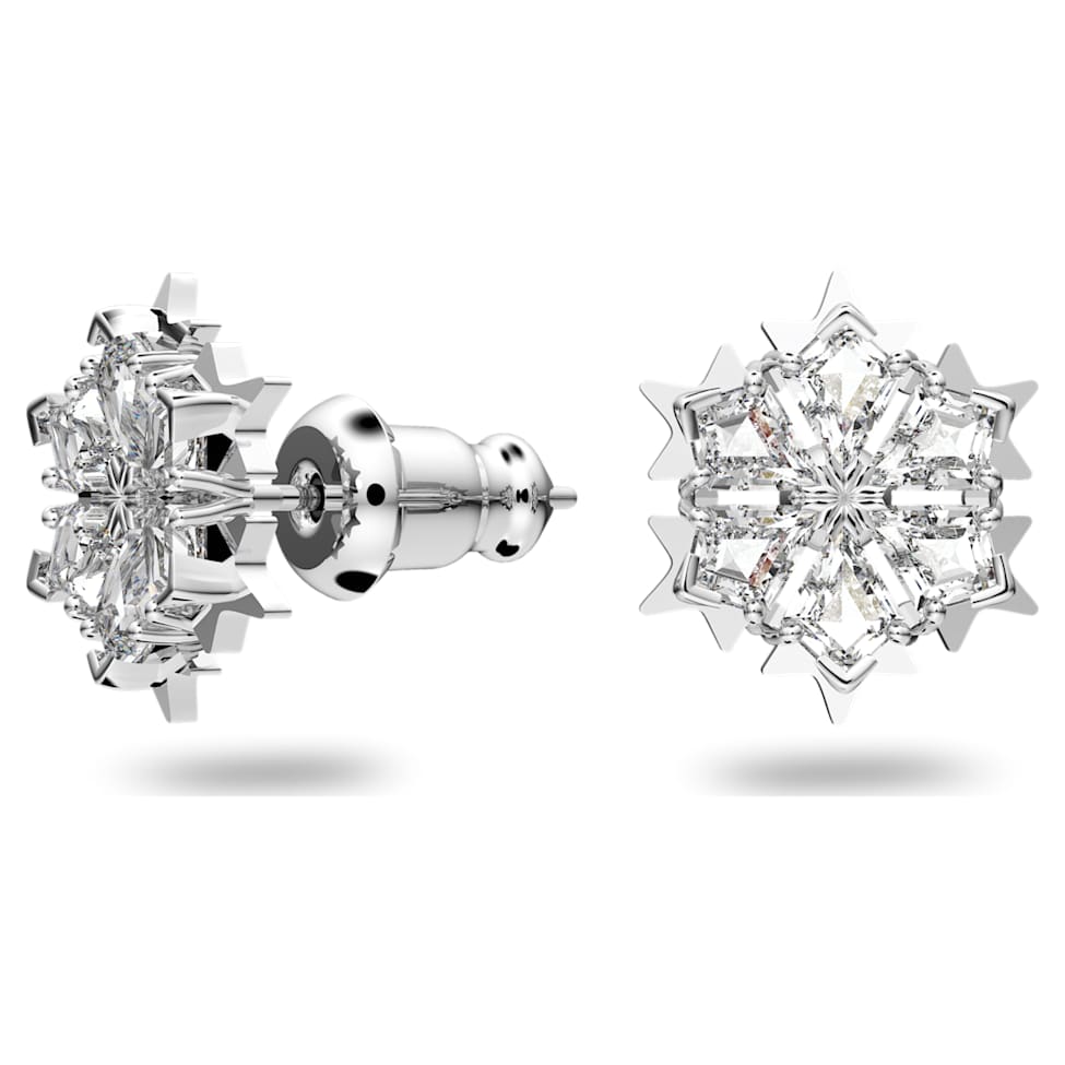 Magic stud earrings, Snowflake, White, Rhodium plated by SWAROVSKI