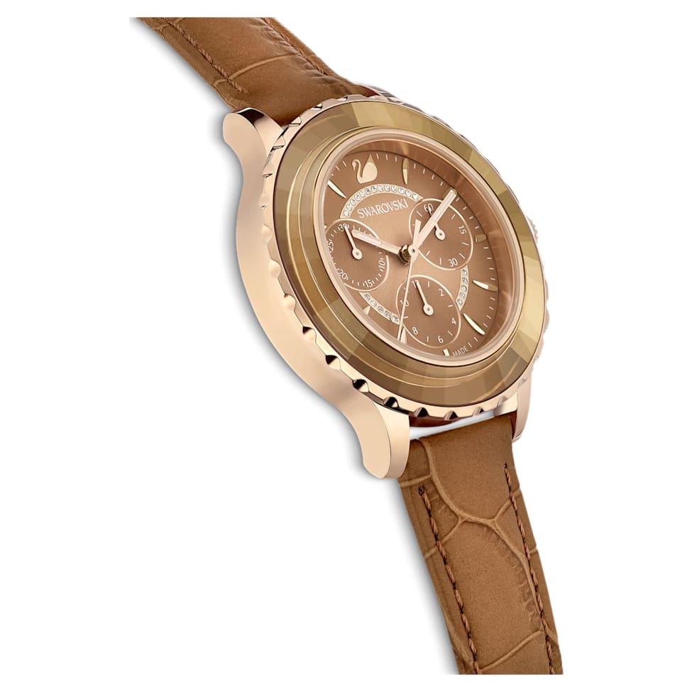 Octea Lux Chrono watch, Swiss Made, Leather strap, Brown, Gold-tone finish by SWAROVSKI