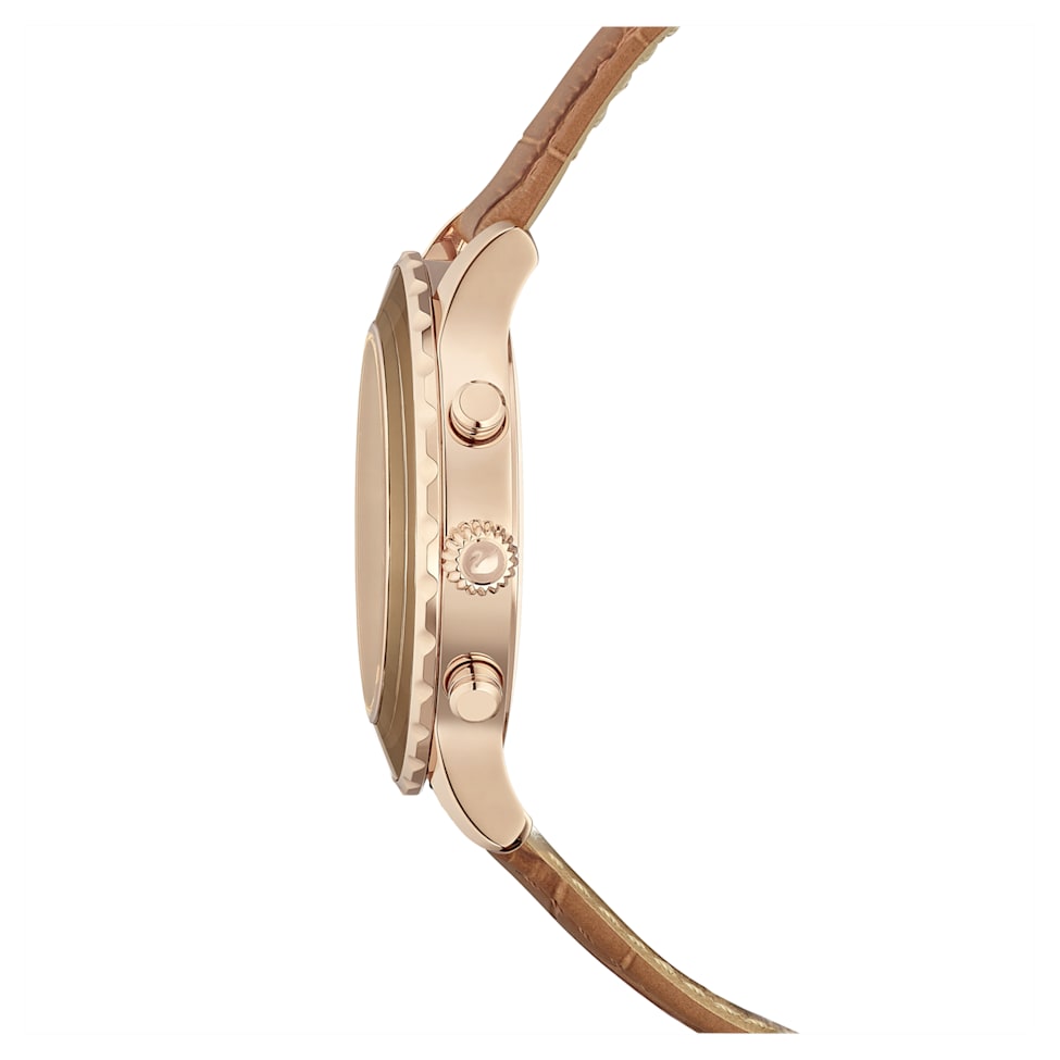 Octea Lux Chrono watch, Swiss Made, Leather strap, Brown, Gold-tone finish by SWAROVSKI