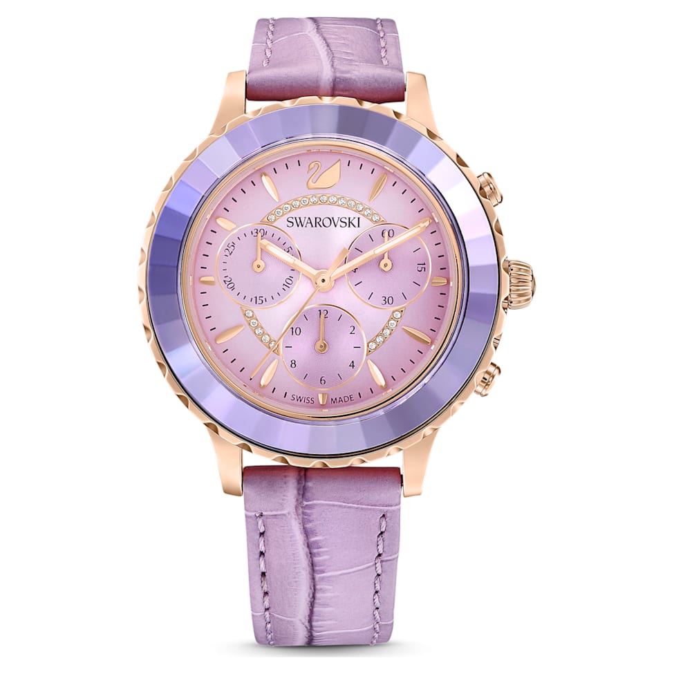 Octea Lux Chrono watch, Swiss Made, Leather strap, Purple, Rose gold-tone finish by SWAROVSKI