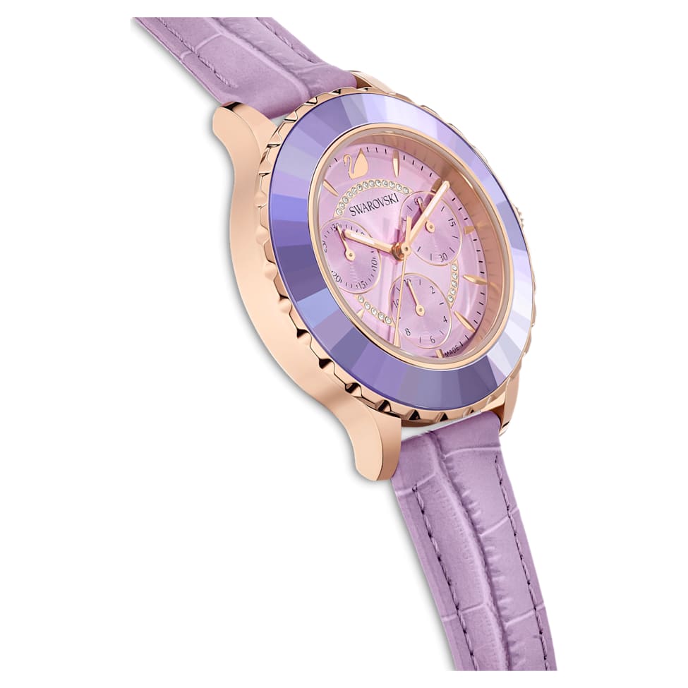 Octea Lux Chrono watch, Swiss Made, Leather strap, Purple, Rose gold-tone finish by SWAROVSKI