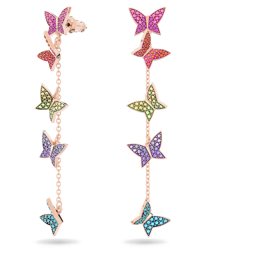 Lilia drop earrings, Butterfly, Long, Multicoloured, Rose gold-tone plated by SWAROVSKI
