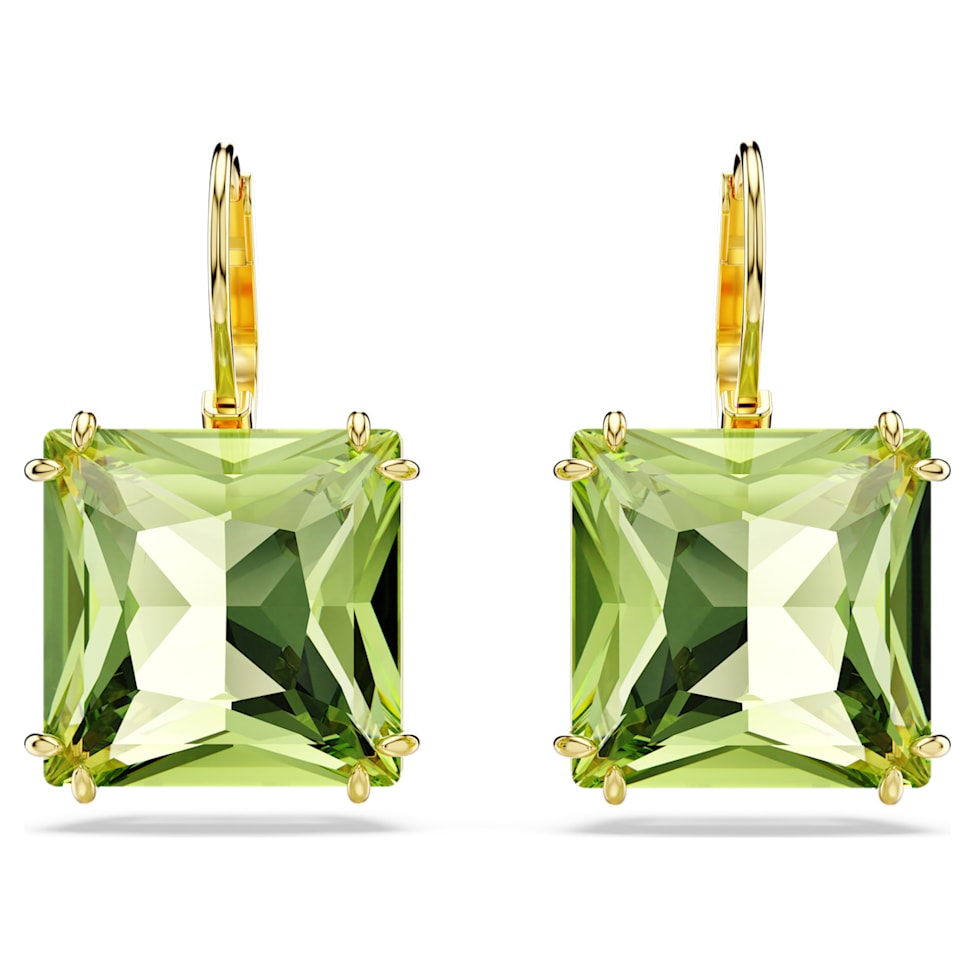 Millenia drop earrings, Square cut, Green, Gold-tone plated by SWAROVSKI