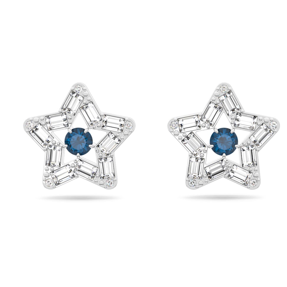 Stella stud earrings, Mixed cuts, Star, Blue, Rhodium plated by SWAROVSKI