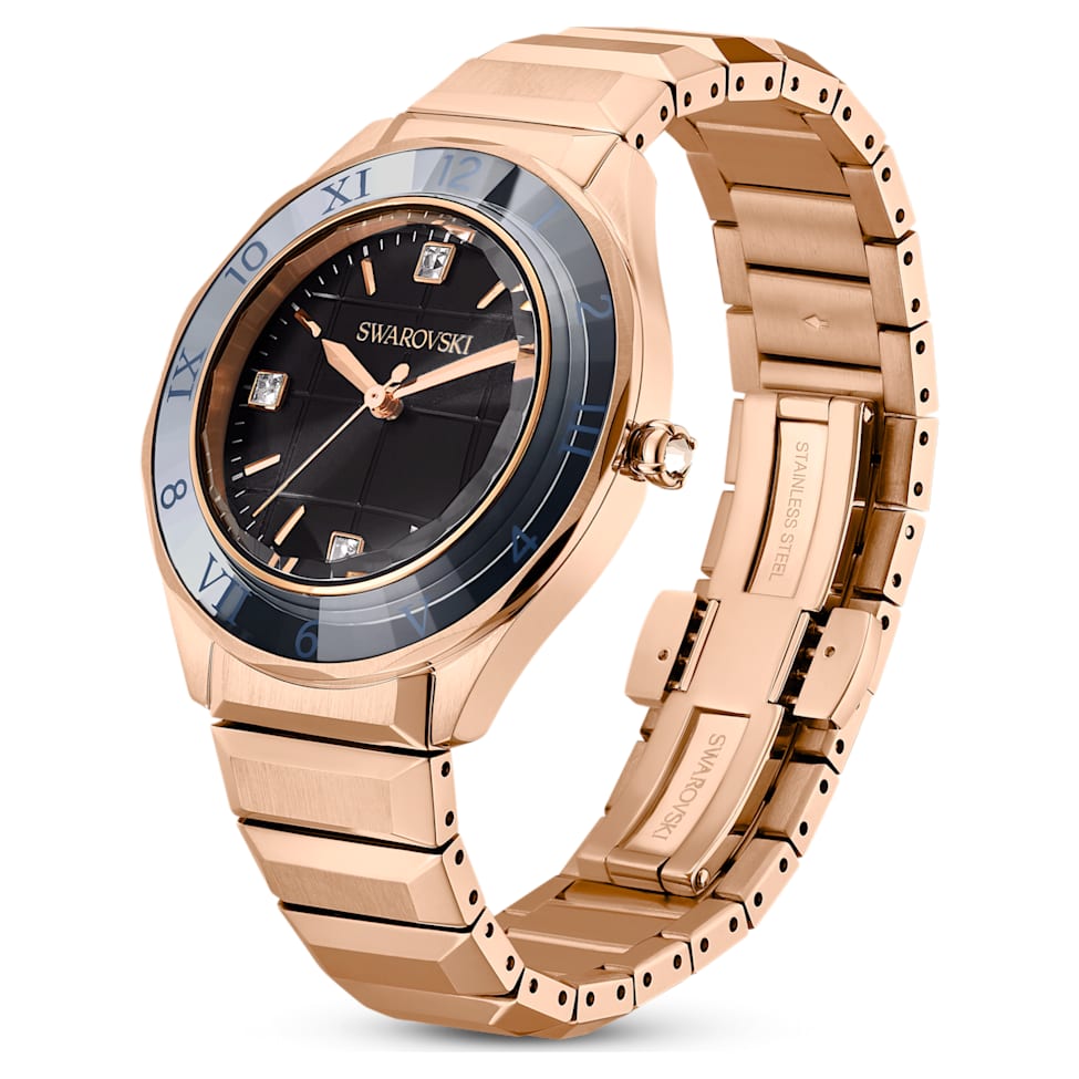 Watch, 37mm, Swiss Made, Metal bracelet, Black, Rose gold-tone finish by SWAROVSKI