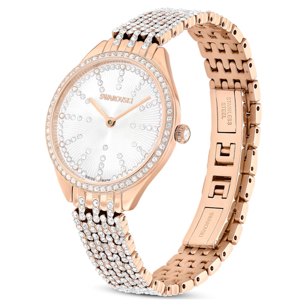 Attract watch, Swiss Made, Full pavé, Metal bracelet, Rose gold tone, Rose gold-tone finish by SWAROVSKI