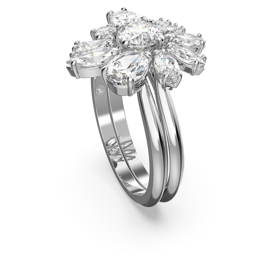 Gema cocktail ring, Mixed cuts, Flower, White, Rhodium plated by SWAROVSKI