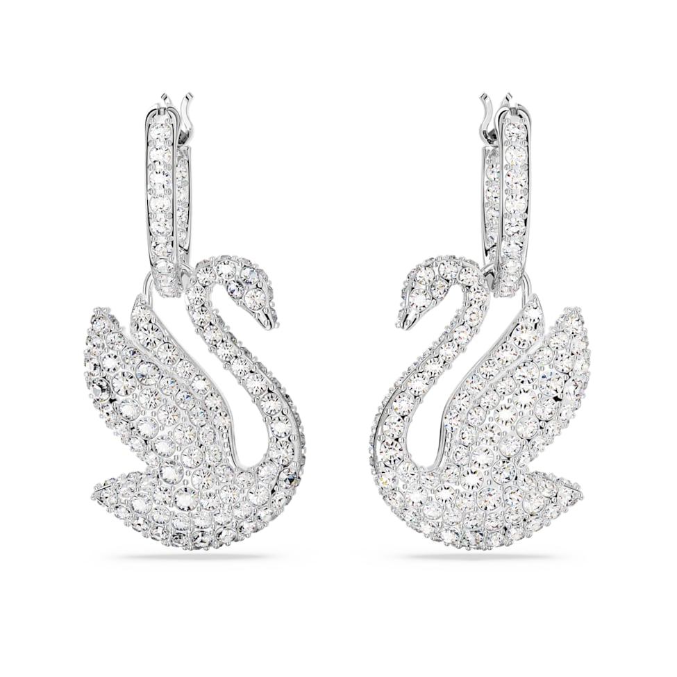 Swarovski Iconic Swan drop earrings, Swan, White, Rhodium plated by SWAROVSKI