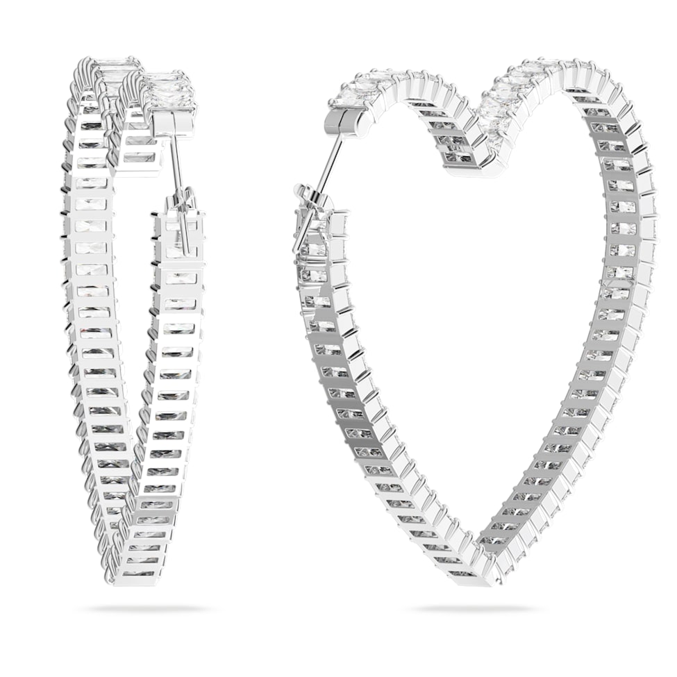 Matrix hoop earrings, Heart, Large, White, Rhodium plated by SWAROVSKI