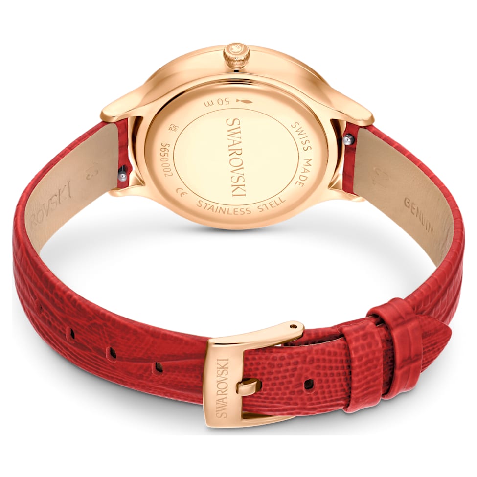 Octea Nova watch, Swiss Made, Leather strap, Red, Rose gold-tone finish by SWAROVSKI