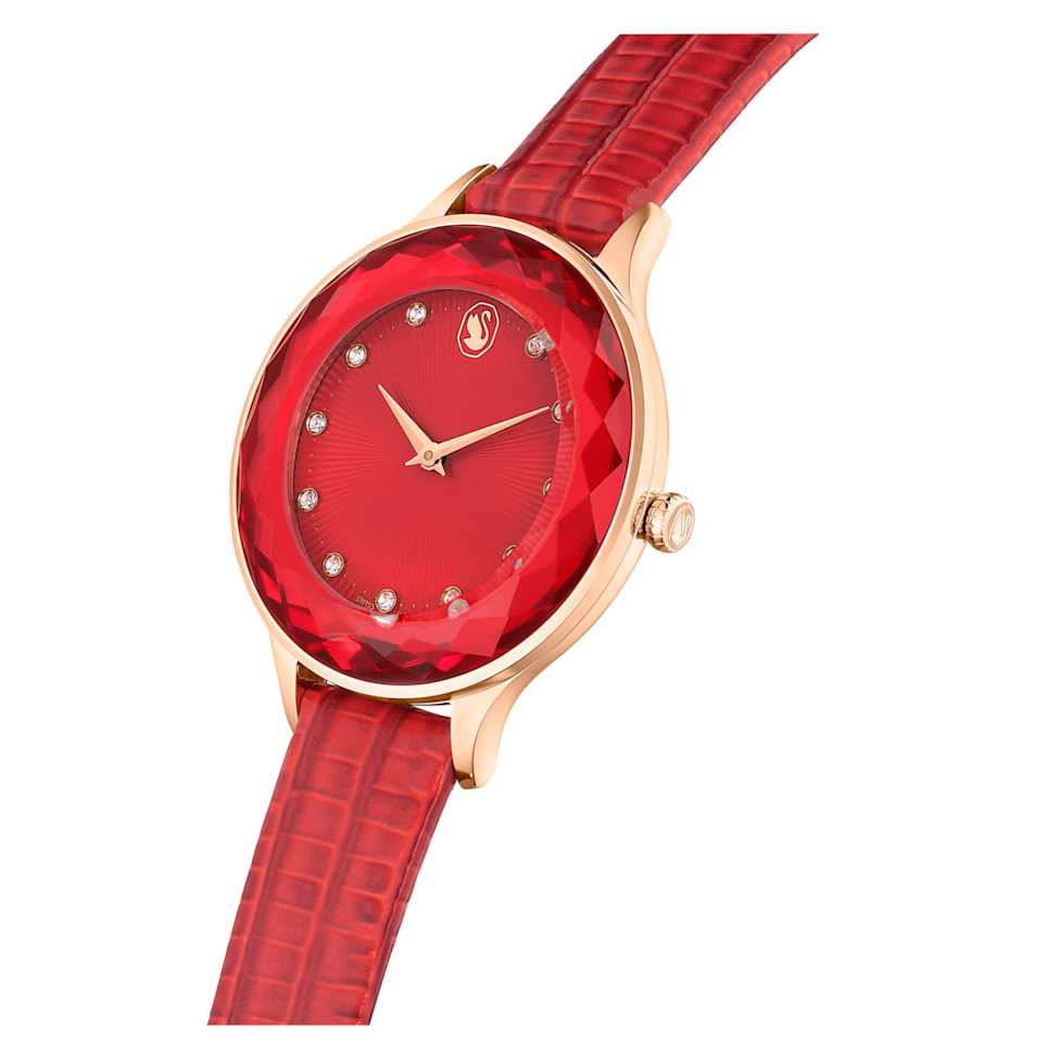 Octea Nova watch, Swiss Made, Leather strap, Red, Rose gold-tone finish by SWAROVSKI