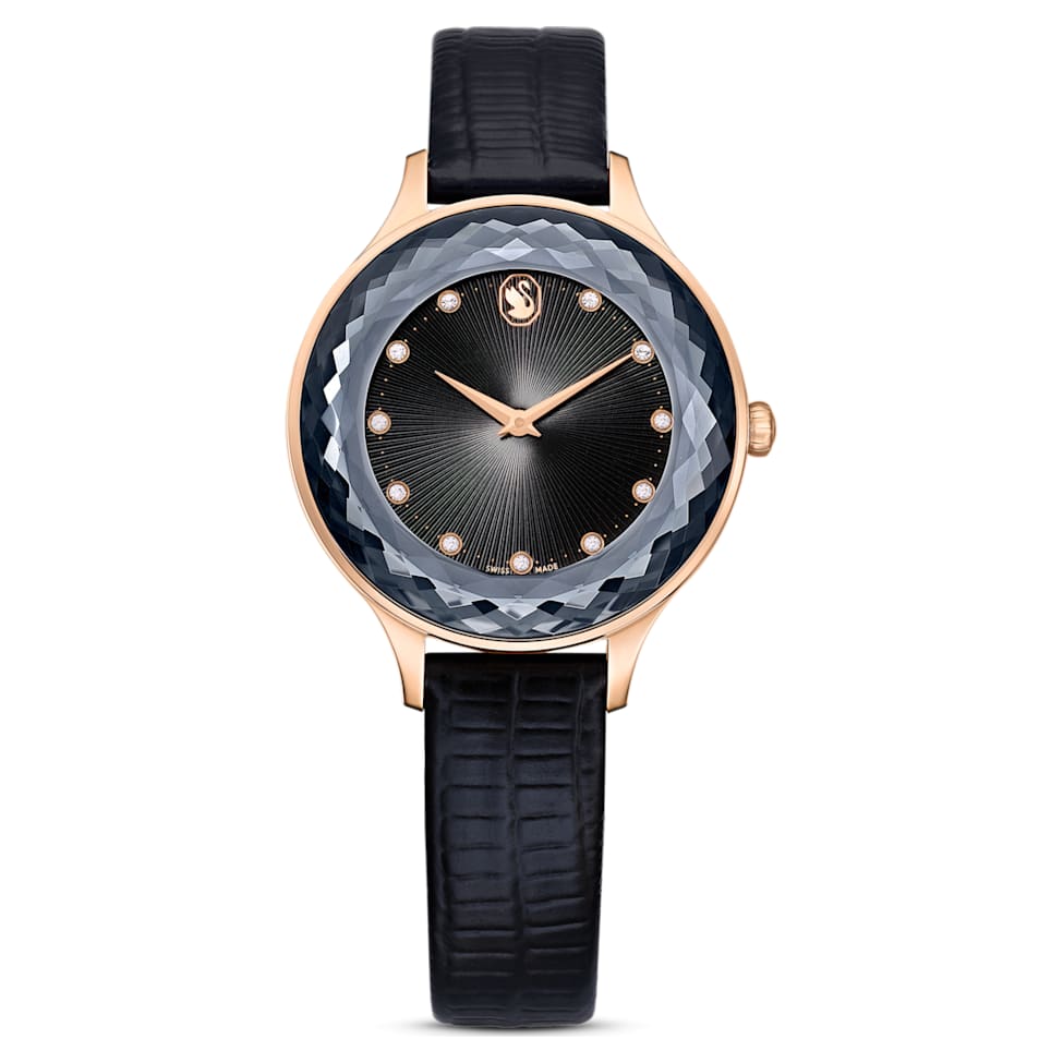 Octea Nova watch, Swiss Made, Leather strap, Black, Rose gold-tone finish by SWAROVSKI