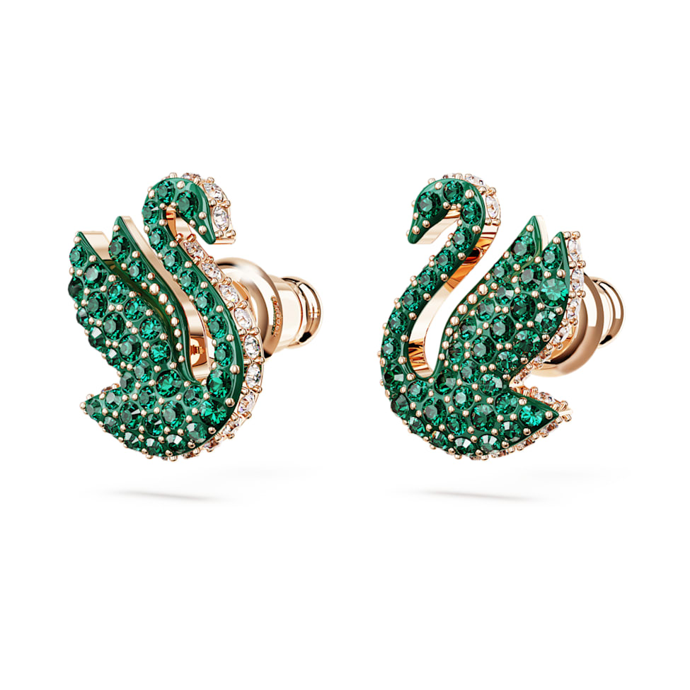 Swarovski Iconic Swan stud earrings, Swan, Green, Rose gold-tone plated by SWAROVSKI