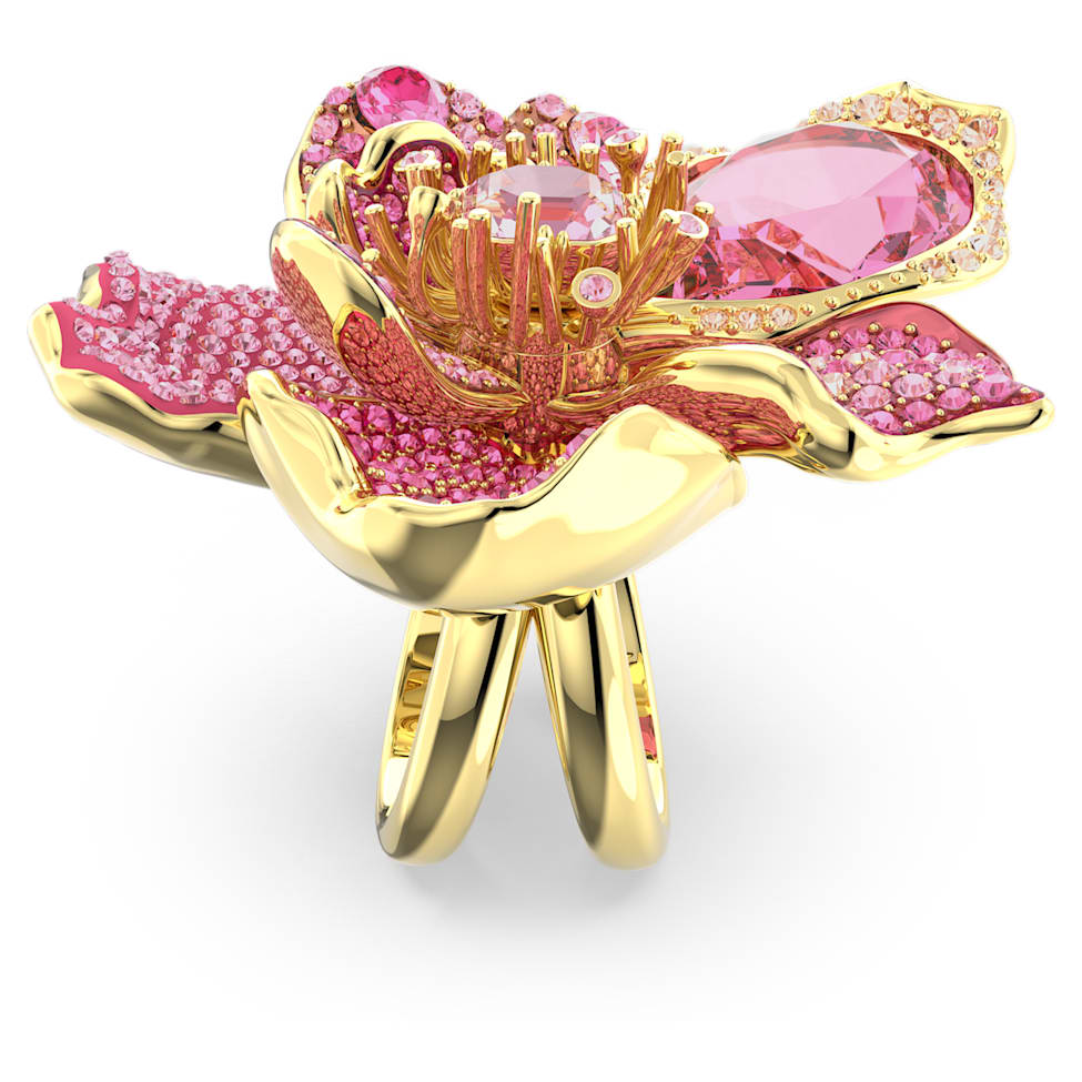 Florere cocktail ring, Pavé, Flower, Pink, Gold-tone plated by SWAROVSKI