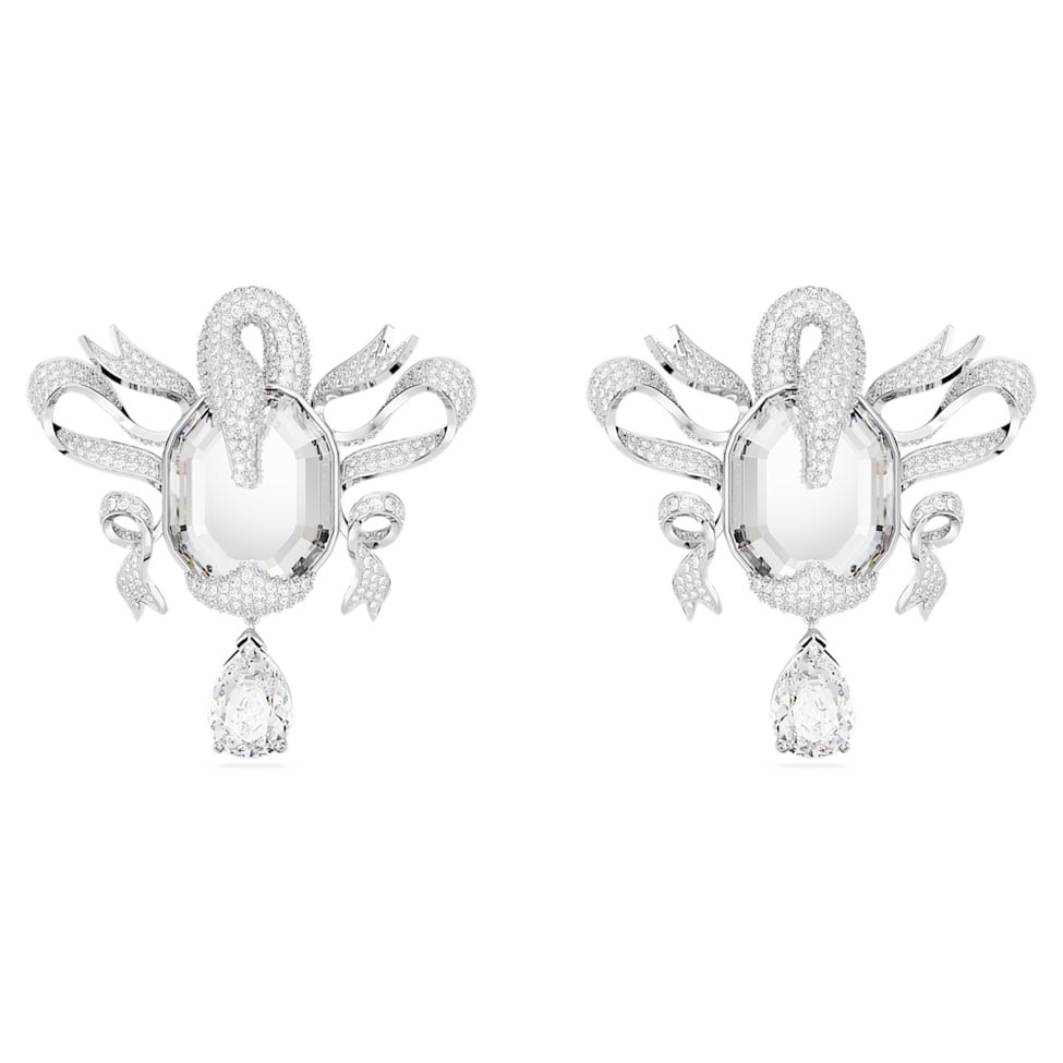 Fashion Swan clip earrings, Swan, White, Rhodium plated by SWAROVSKI