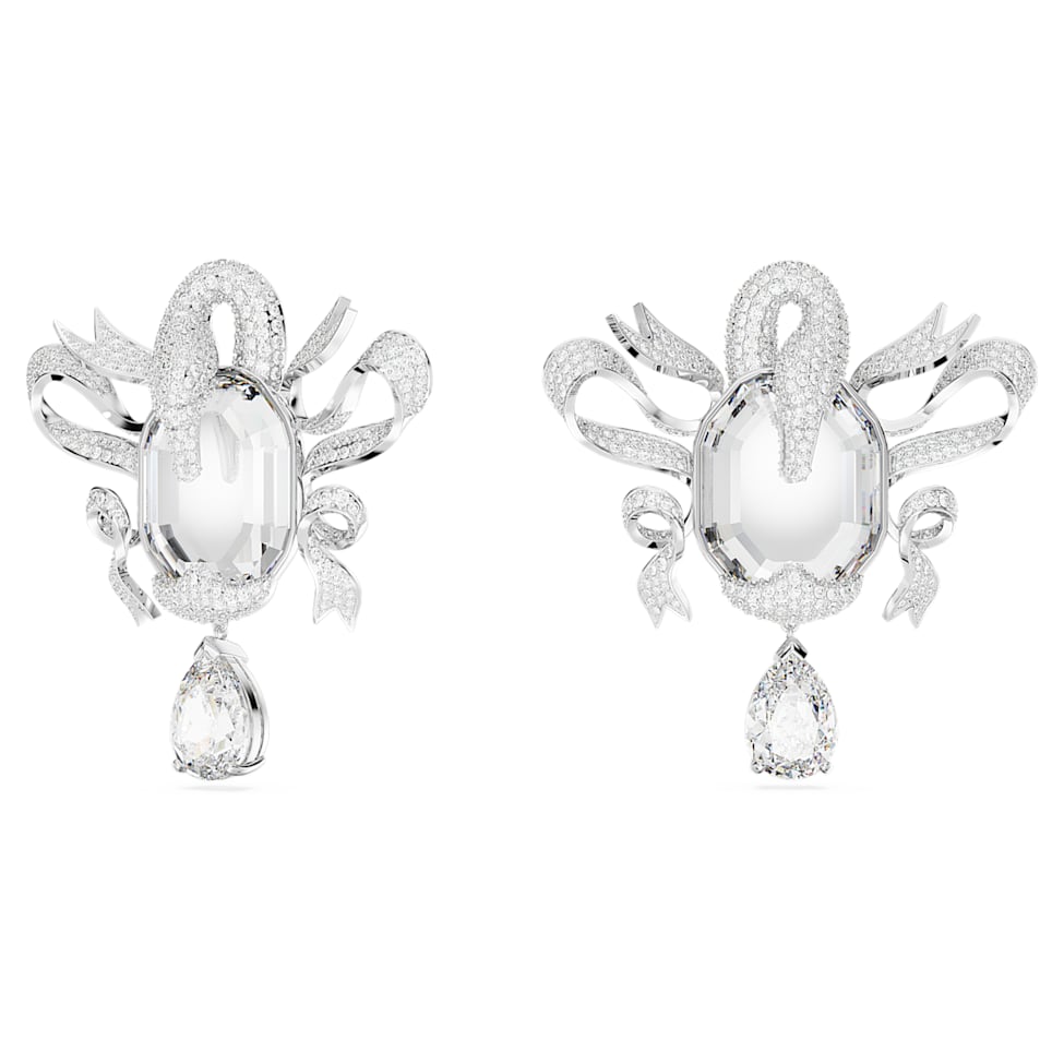 Fashion Swan clip earrings, Swan, White, Rhodium plated by SWAROVSKI