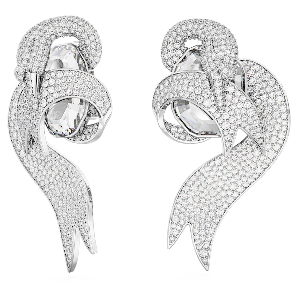 Fashion Swan clip earrings, Asymmetrical design, Swan, White, Rhodium plated by SWAROVSKI