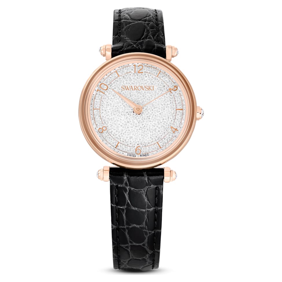 Crystalline Wonder watch, Swiss Made, Leather strap, Black