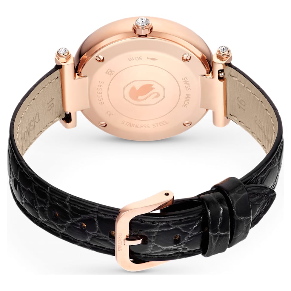 Crystalline Wonder watch, Swiss Made, Leather strap, Black