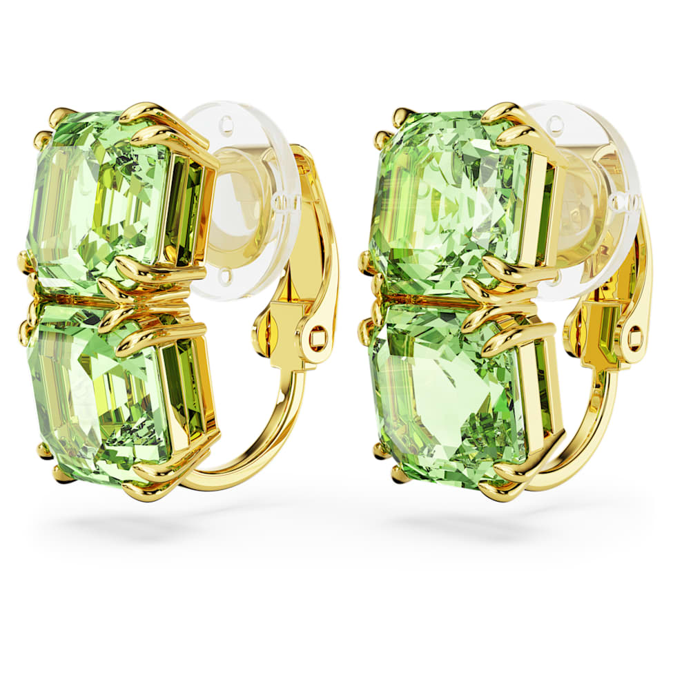 Millenia clip earrings, Square cut, Green, Gold-tone plated by SWAROVSKI