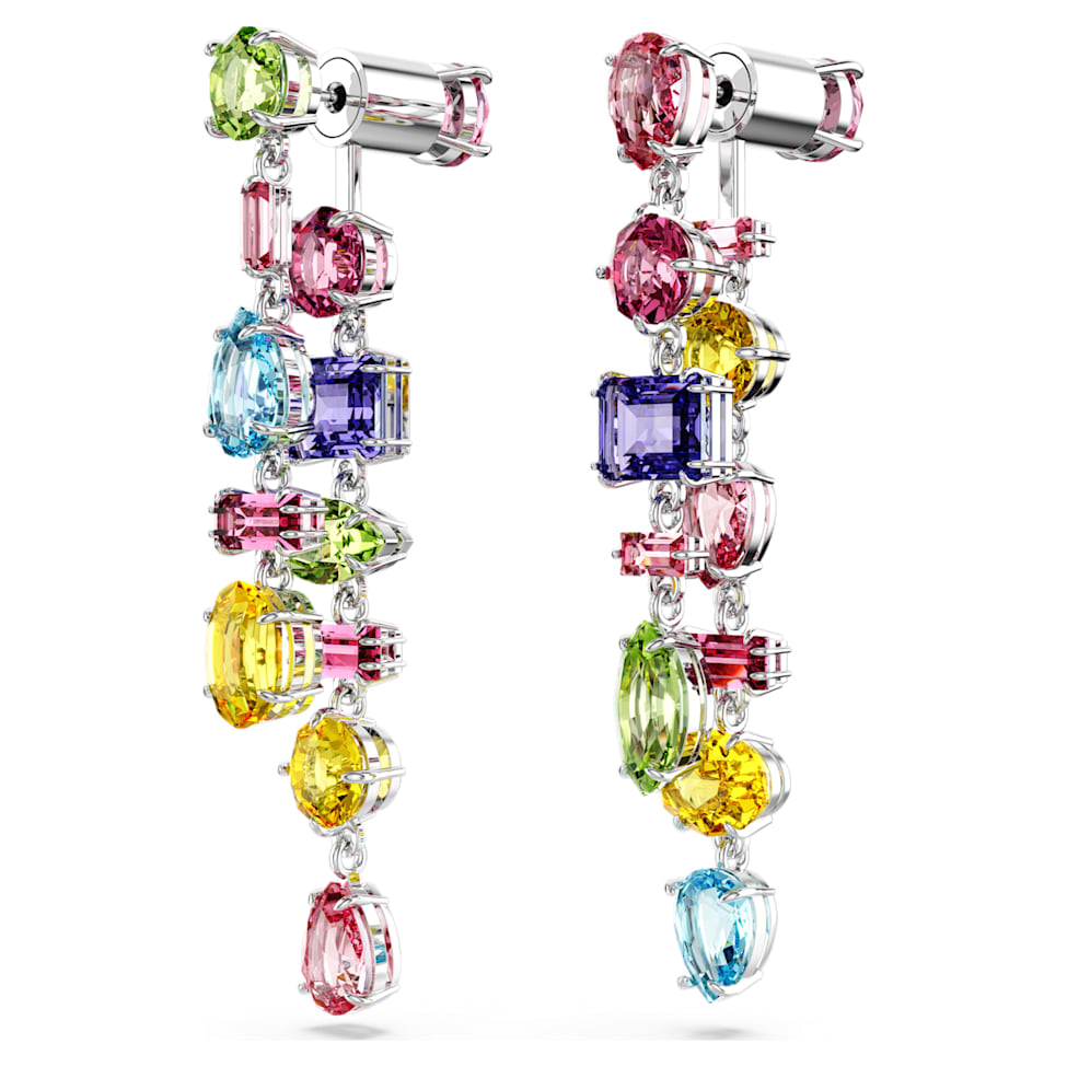 Gema drop earrings, Asymmetrical design, Mixed cuts, Long, Multicoloured, Rhodium plated by SWAROVSKI