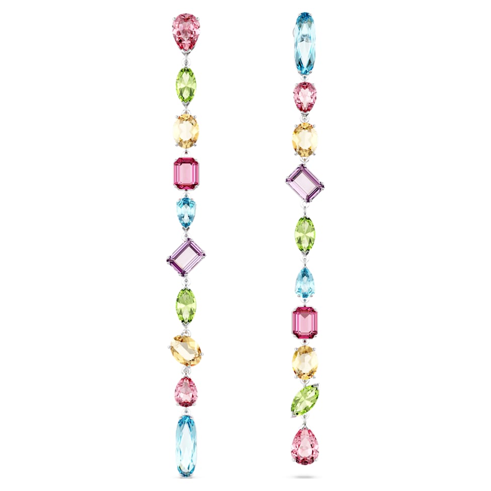 Gema drop earrings, Asymmetrical design, Mixed cuts, Extra long, Multicoloured, Rhodium plated by SWAROVSKI