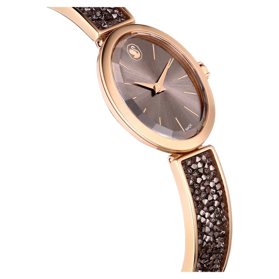 Crystal Rock Oval watch, Swiss Made, Metal bracelet, Gray, Rose gold-tone finish by SWAROVSKI