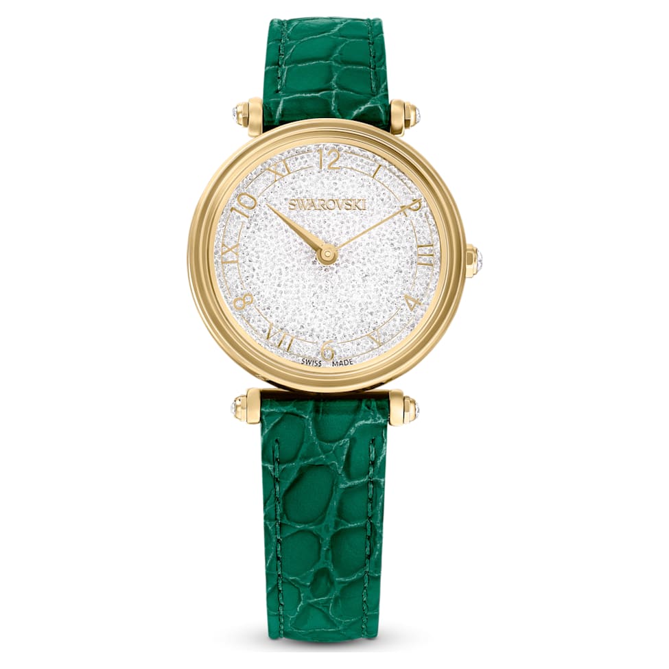 Crystalline Wonder watch, Swiss Made, Leather strap, Green, Gold-tone finish by SWAROVSKI
