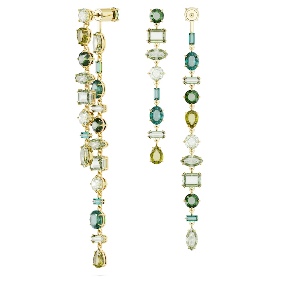 Gema drop earrings, Asymmetrical design, Mixed cuts, Extra long, Green, Gold-tone plated by SWAROVSKI