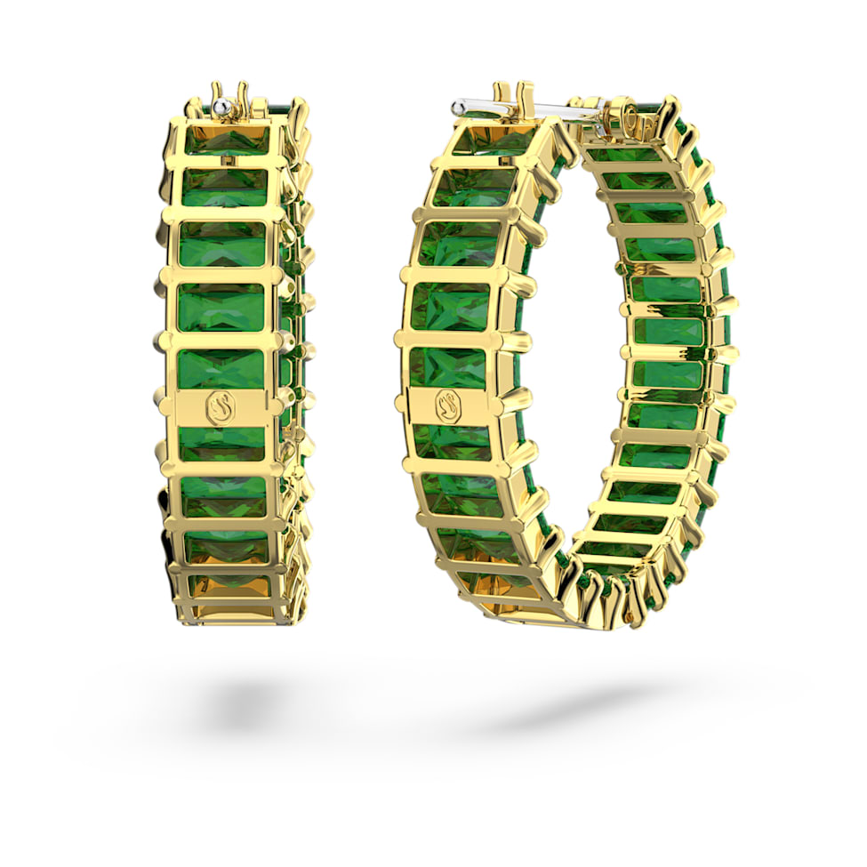 Matrix hoop earrings, Baguette cut, Green, Gold-tone plated by SWAROVSKI