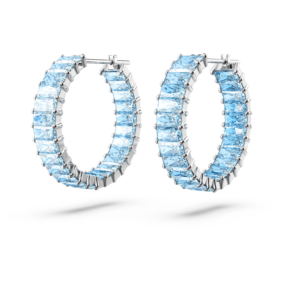 Matrix hoop earrings, Baguette cut, Blue, Rhodium plated by SWAROVSKI