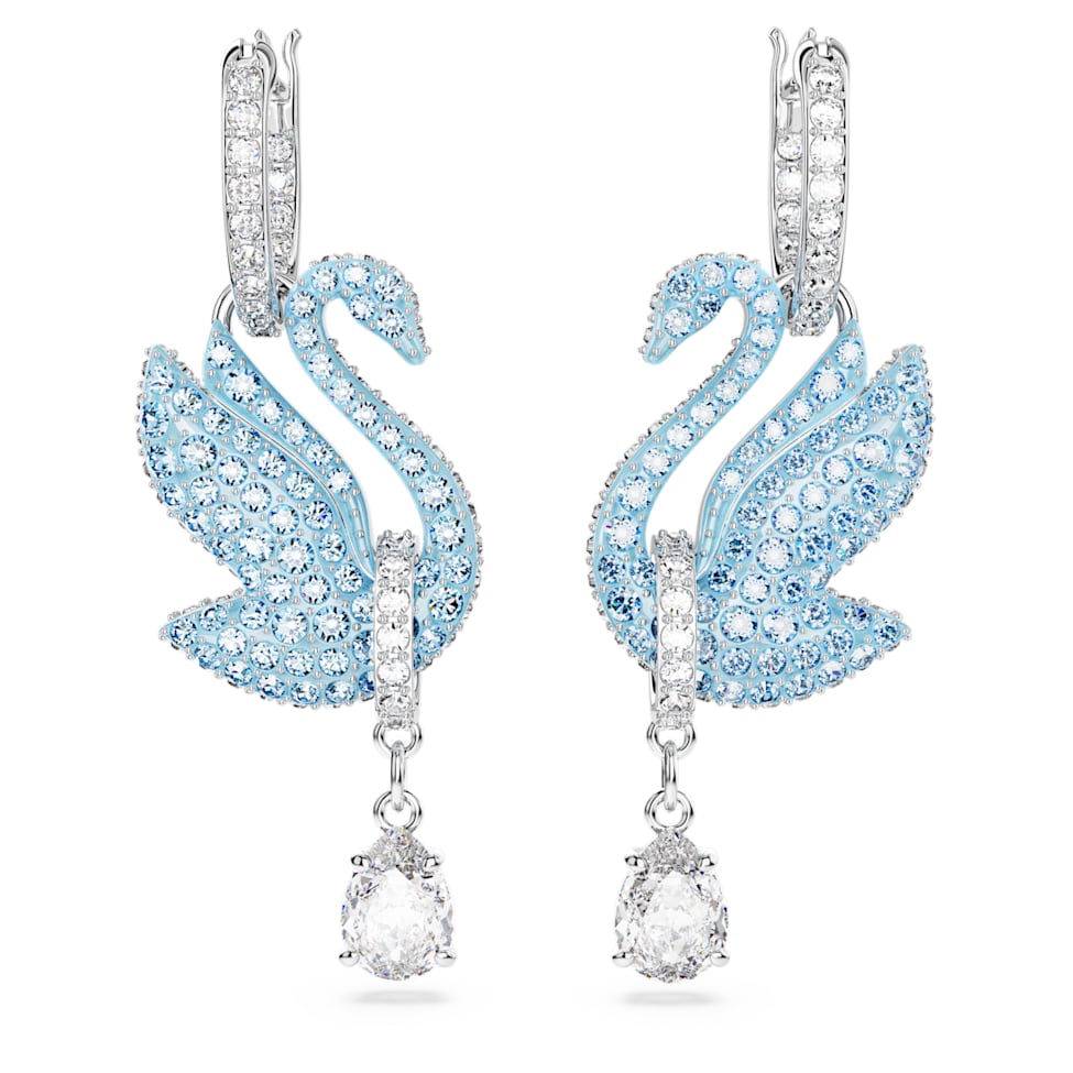 Swarovski Iconic Swan drop earrings, Swan, Blue, Rhodium plated by SWAROVSKI