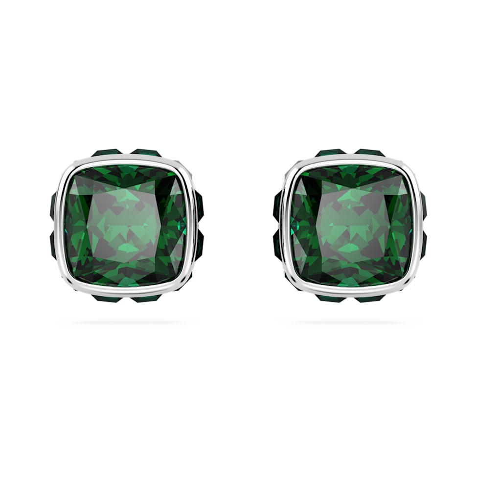Birthstone stud earrings, Square cut, May, Green, Rhodium plated by SWAROVSKI