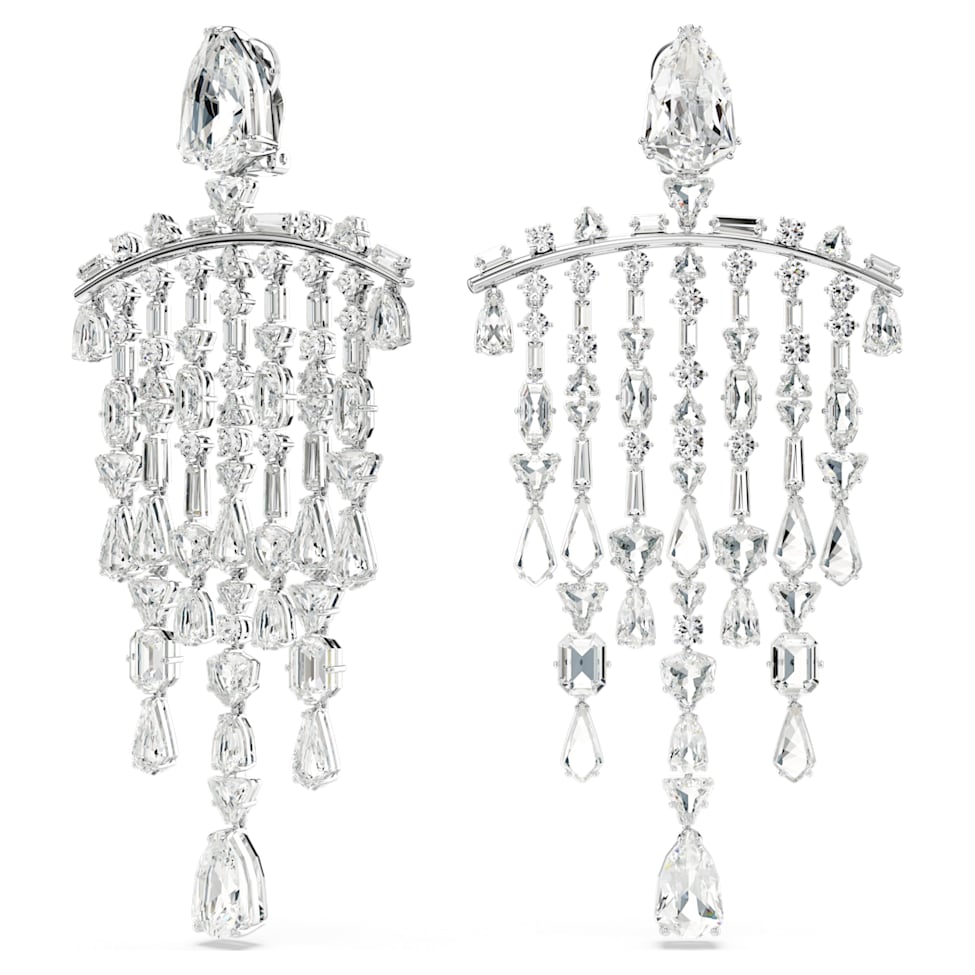 Mesmera clip earrings, Mixed cuts, Chandelier, Extra long, White, Rhodium plated by SWAROVSKI