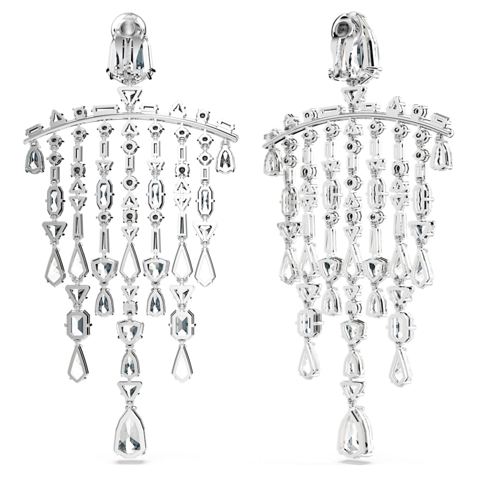 Mesmera clip earrings, Mixed cuts, Chandelier, Extra long, White, Rhodium plated by SWAROVSKI