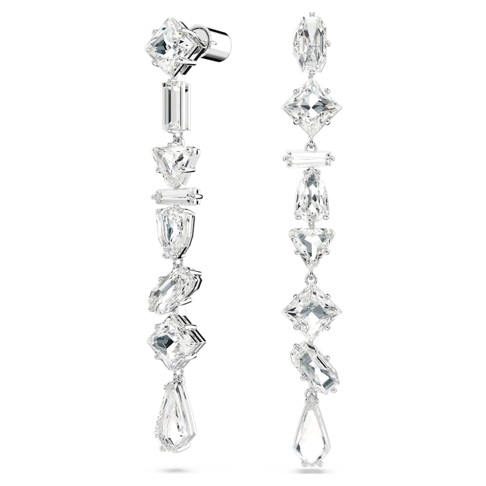 Mesmera drop earrings, Asymmetrical design, Mixed cuts, Long, White, Rhodium plated by SWAROVSKI