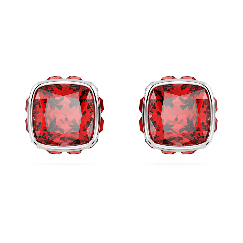 Birthstone stud earrings, Square cut, July, Red, Rhodium plated by SWAROVSKI