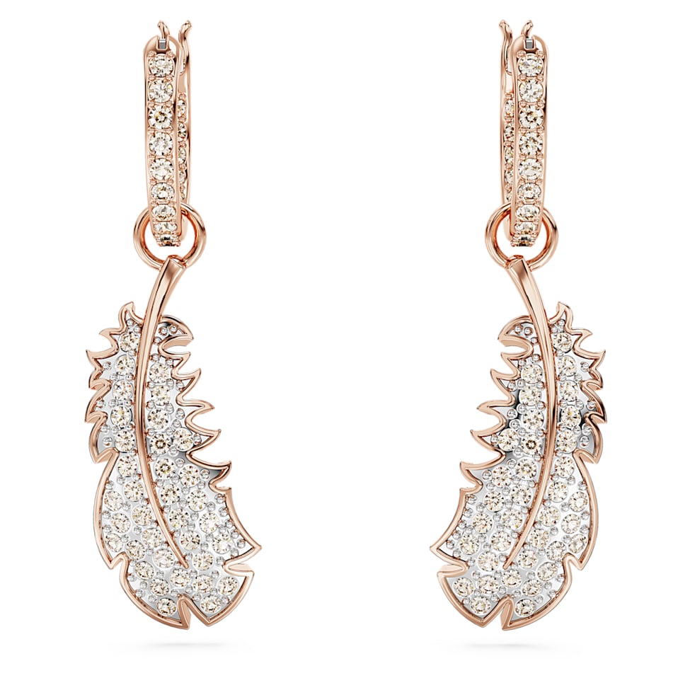 Nice drop earrings, Feather, White, Rose gold-tone plated by SWAROVSKI
