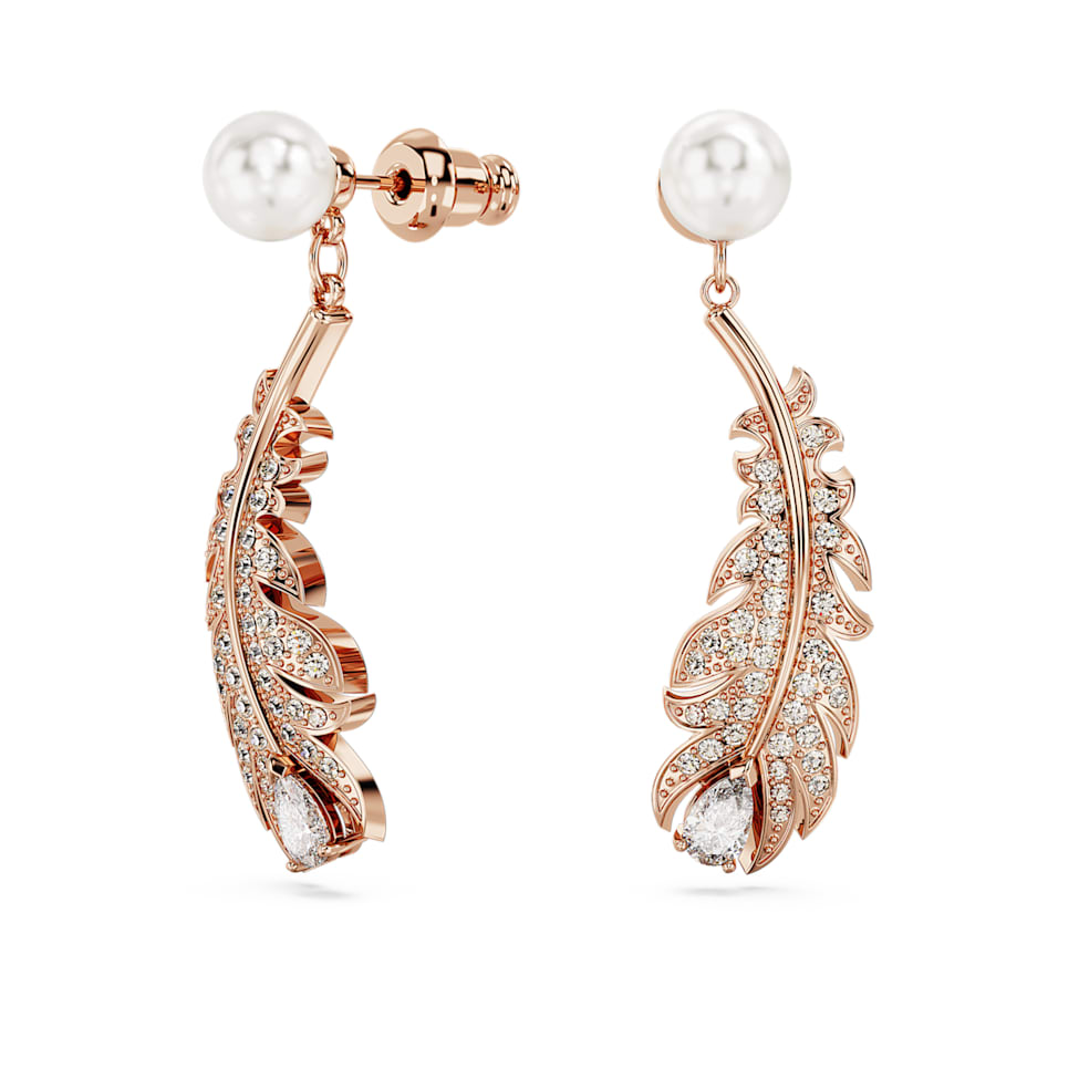 Nice drop earrings, Mixed cuts, Feather, White, Rose gold-tone plated by SWAROVSKI