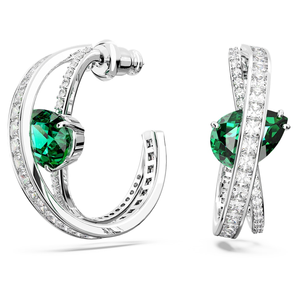 Hyperbola hoop earrings, Carbon neutral zirconia, Mixed cuts, Green, Rhodium plated by SWAROVSKI