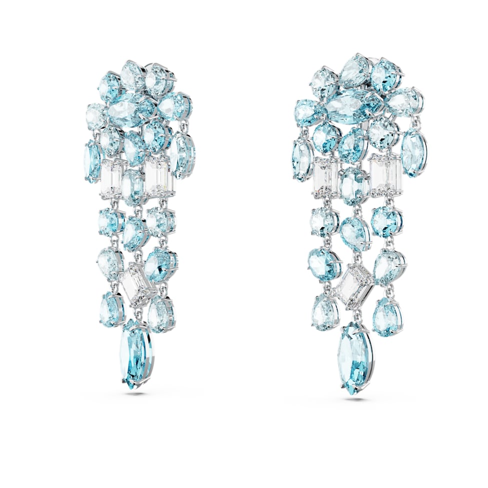 Gema clip earrings, Mixed cuts, Chandelier, Extra long, Blue, Rhodium plated by SWAROVSKI