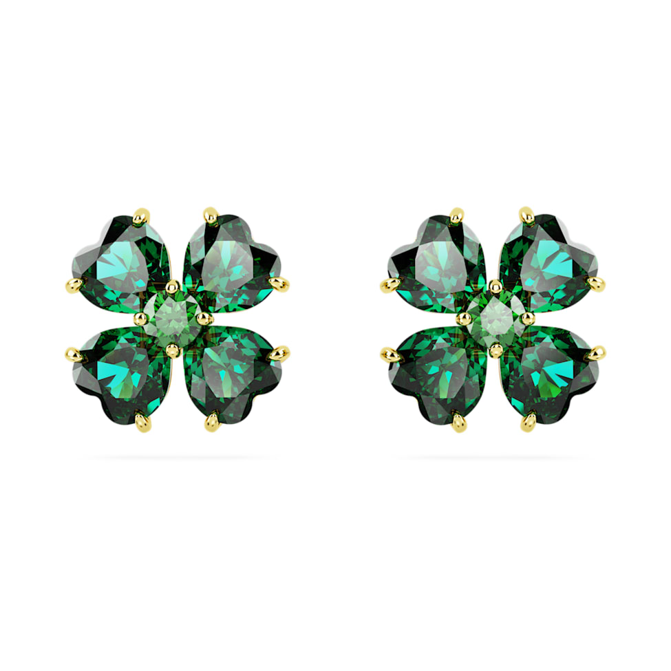 Idyllia stud earrings, Clover, Green, Gold-tone plated by SWAROVSKI