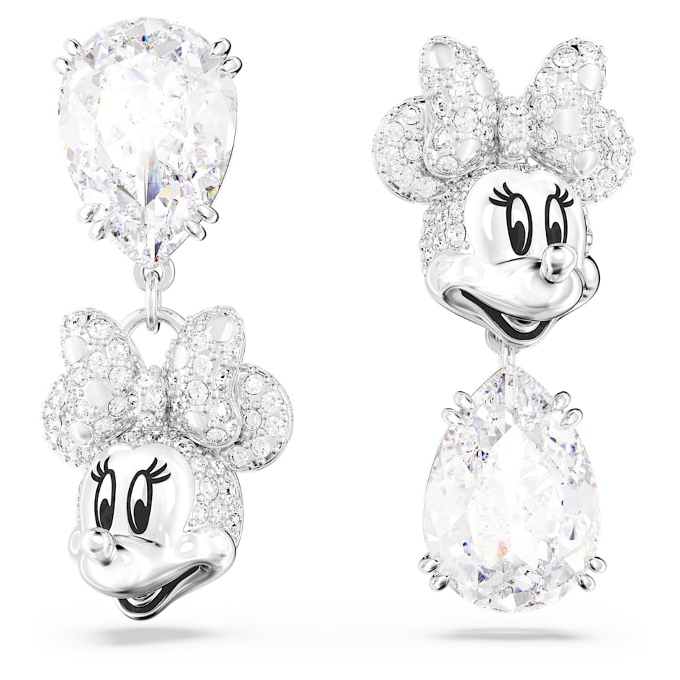 Disney Minnie Mouse drop earrings, Asymmetrical design, White, Rhodium plated by SWAROVSKI