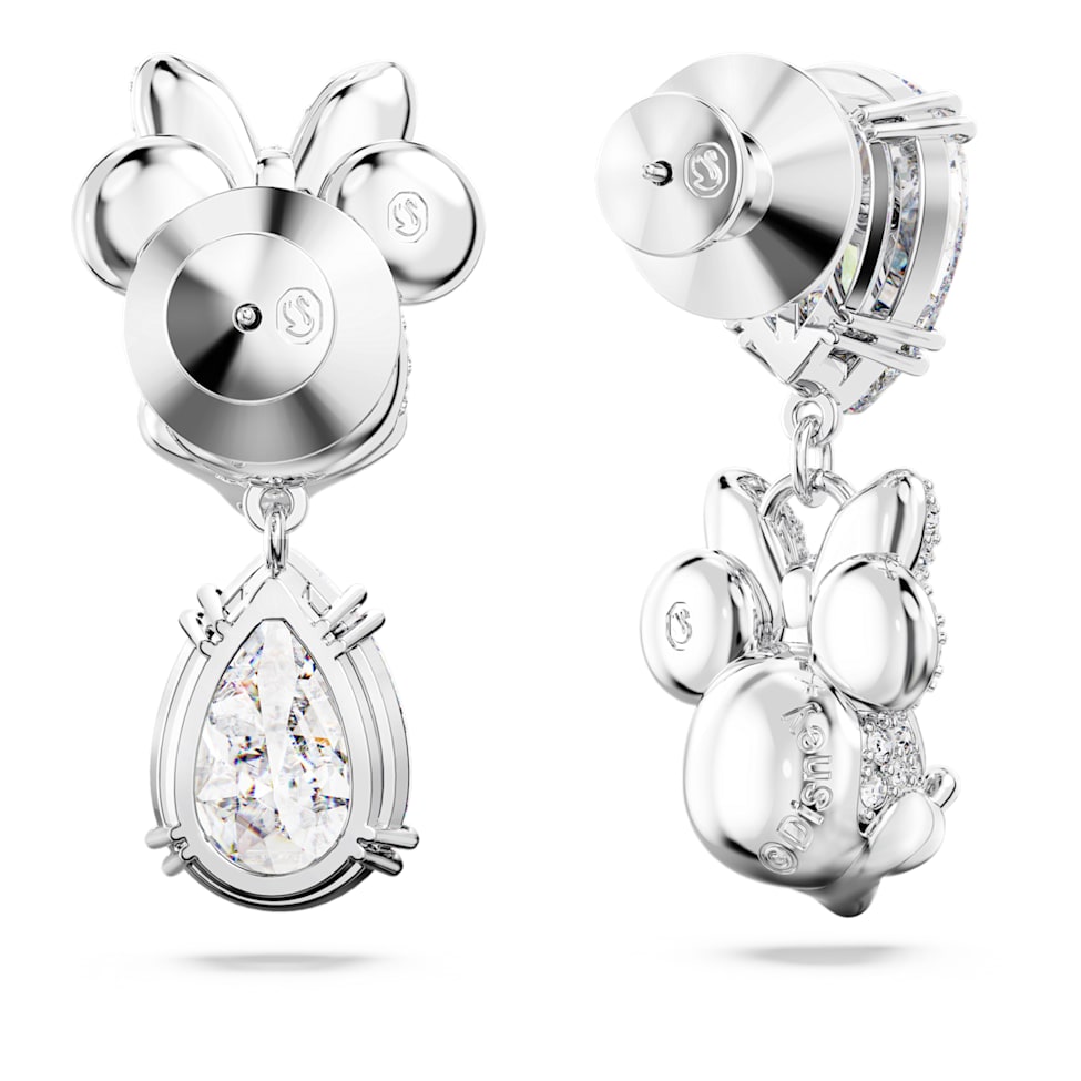 Disney Minnie Mouse drop earrings, Asymmetrical design, White, Rhodium plated by SWAROVSKI