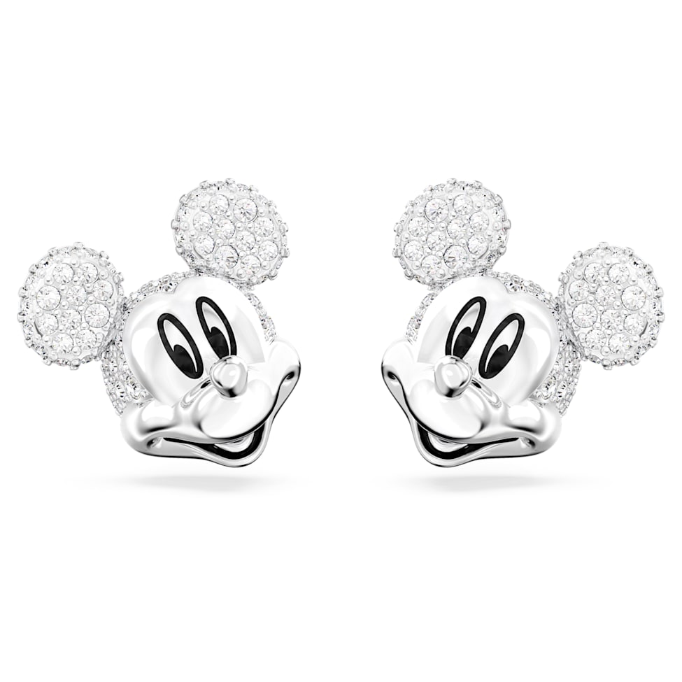 Disney Mickey Mouse stud earrings, White, Rhodium plated by SWAROVSKI