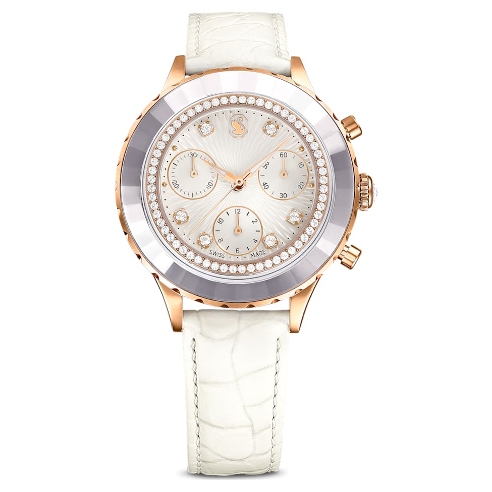 Octea Chrono watch, Swiss Made, Leather strap, White, Rose gold-tone finish by SWAROVSKI