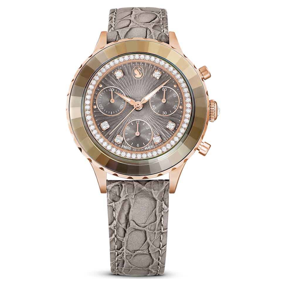 Octea Chrono watch, Swiss Made, Leather strap, Gray, Rose gold-tone finish by SWAROVSKI