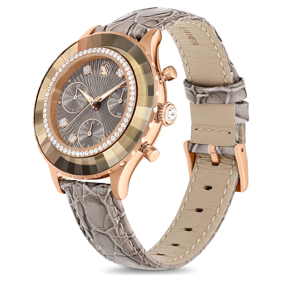 Octea Chrono watch, Swiss Made, Leather strap, Grey, Rose gold-tone finish by SWAROVSKI