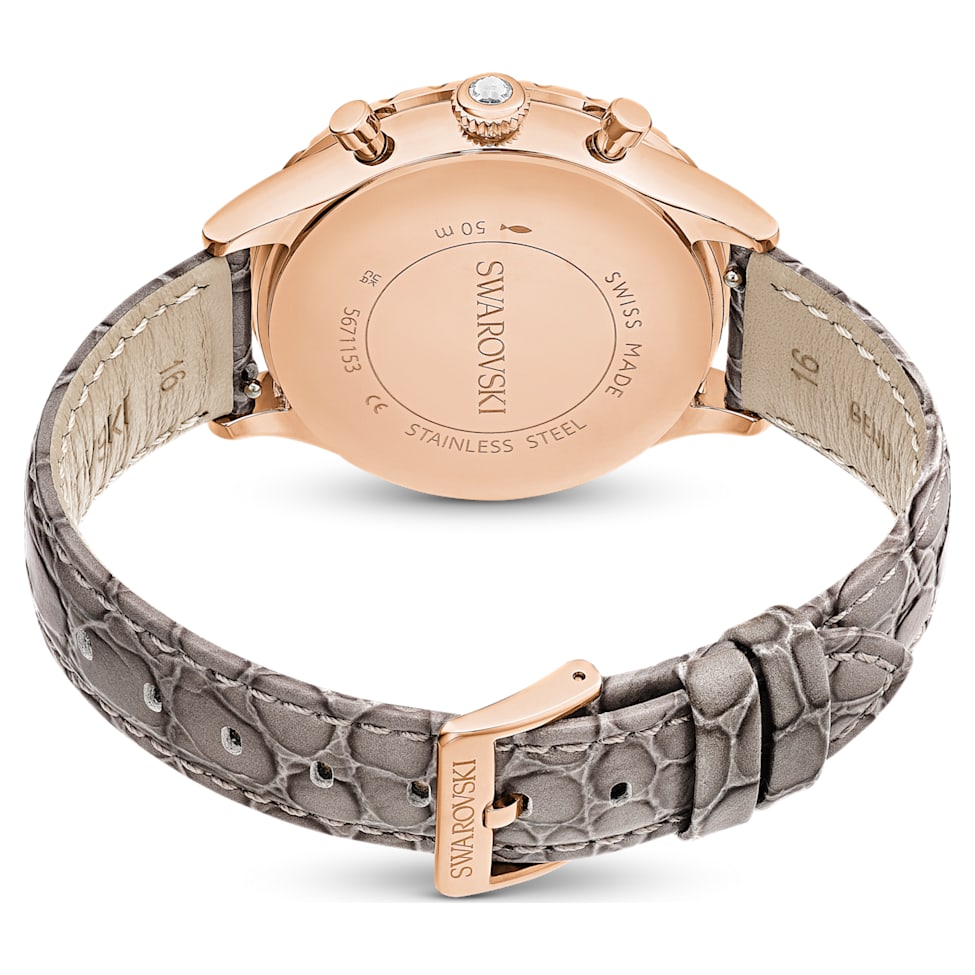 Octea Chrono watch, Swiss Made, Leather strap, Gray, Rose gold-tone finish by SWAROVSKI
