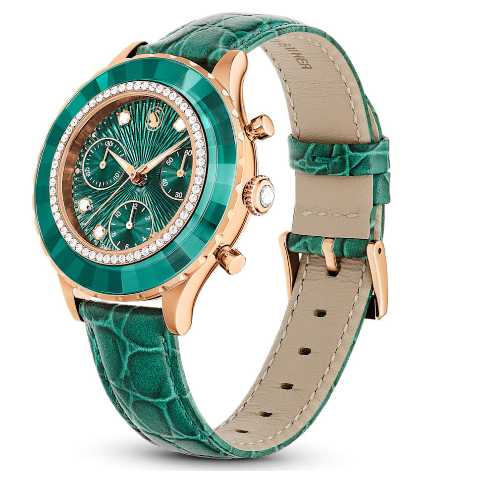 Octea Chrono watch, Swiss Made, Leather strap, Green, Rose gold-tone finish by SWAROVSKI